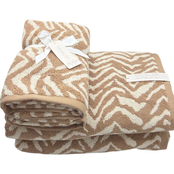 Rachel Zoe 4pc Tan Beige Chevron Print Cotton Towel Set 2 Bath 2 Hand - Picture 6 of 7
